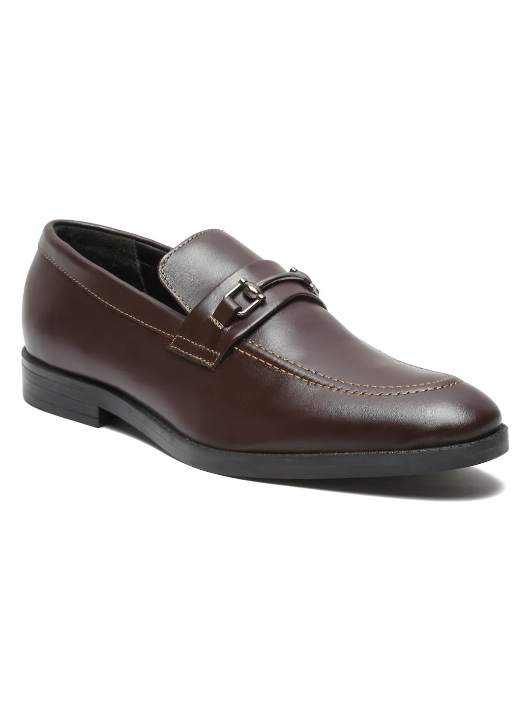 Men Brown Solid Leather Slip-On Formal Shoes