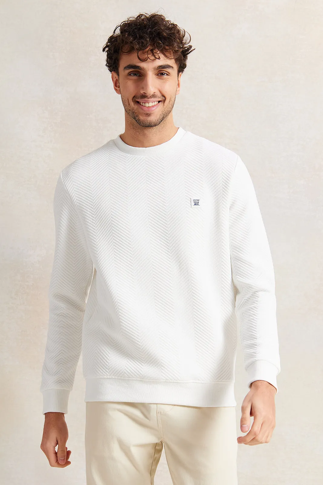 Men White Jacquard Sweatshirt