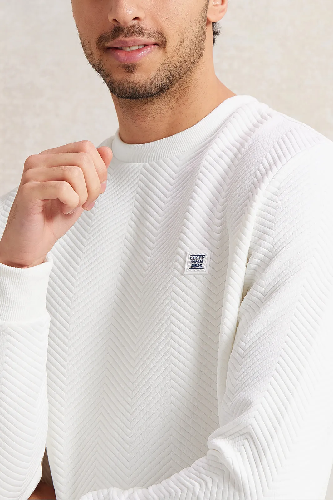 Men White Jacquard Sweatshirt