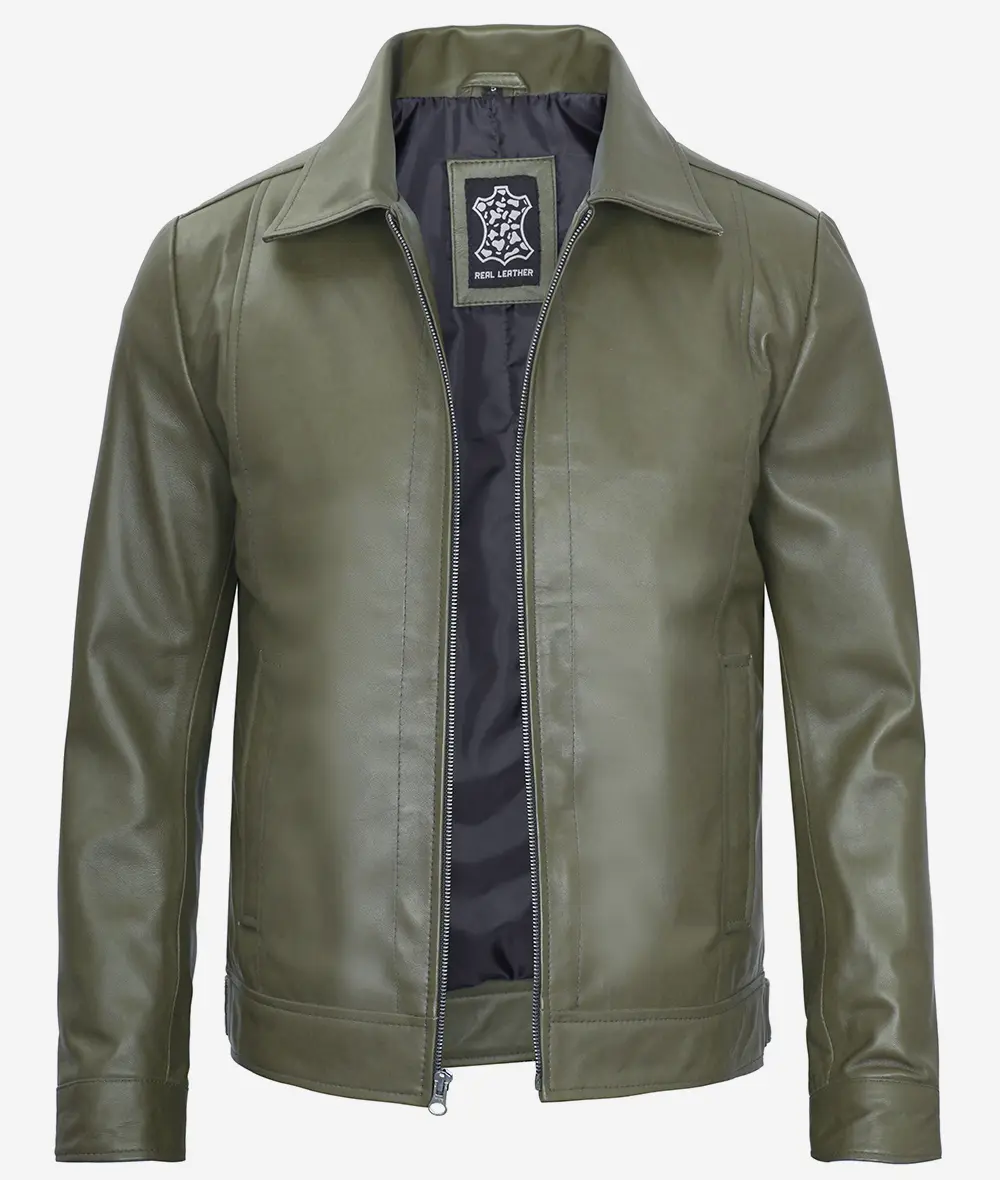 Men's Classic Shirt Collar Military Green Leather Jacket