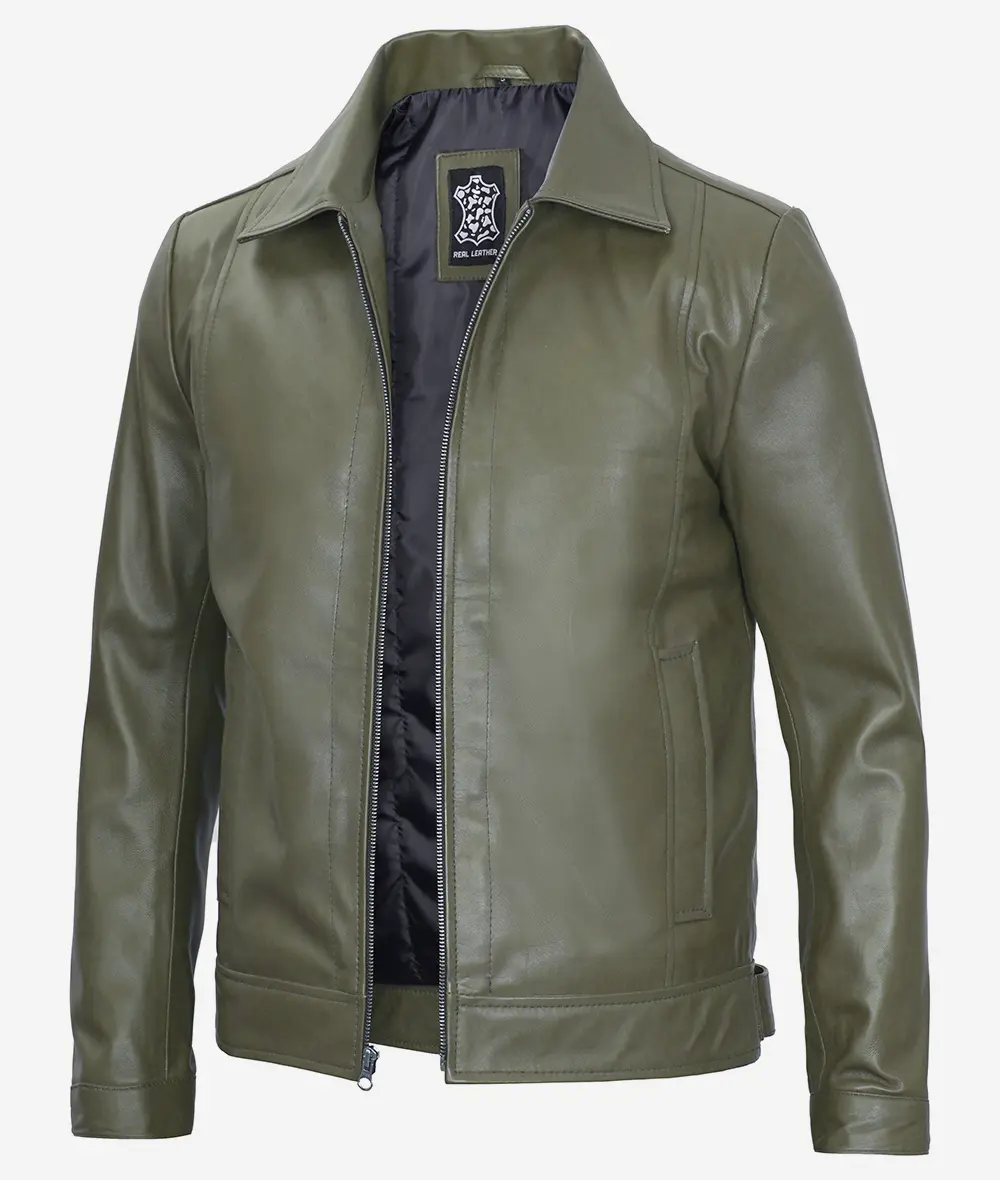 Men's Classic Shirt Collar Military Green Leather Jacket