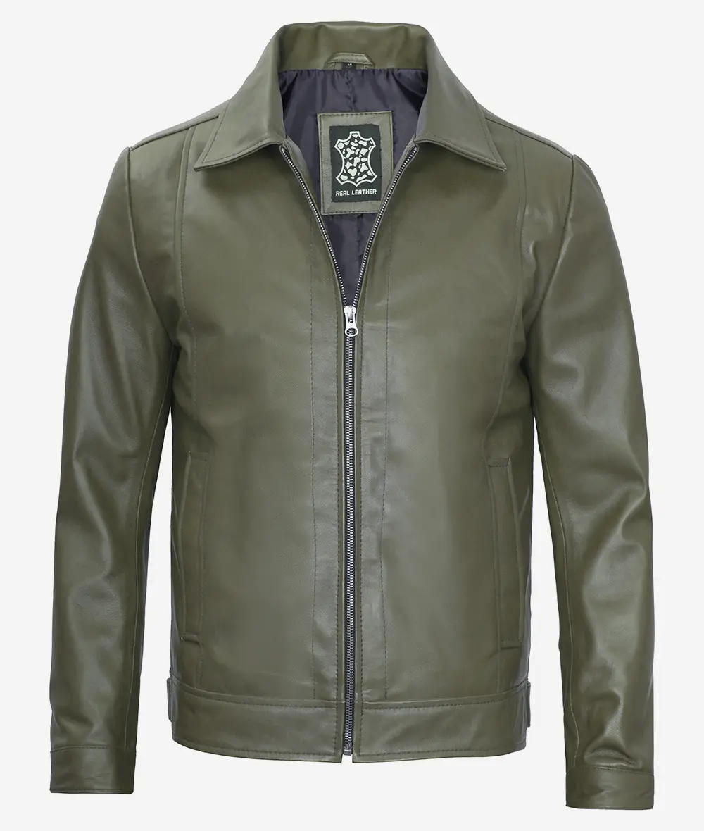 Men's Classic Shirt Collar Military Green Leather Jacket