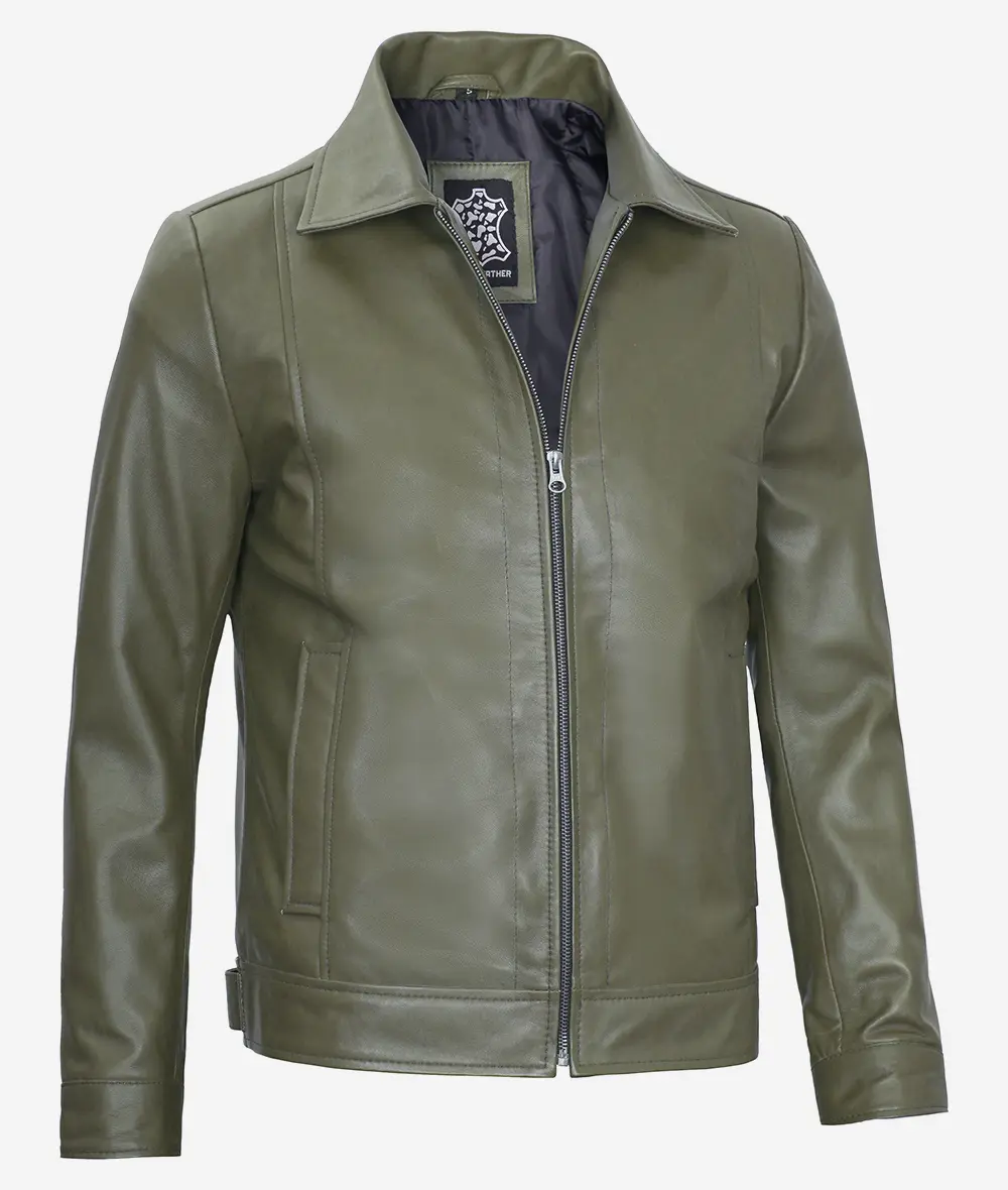 Men's Classic Shirt Collar Military Green Leather Jacket