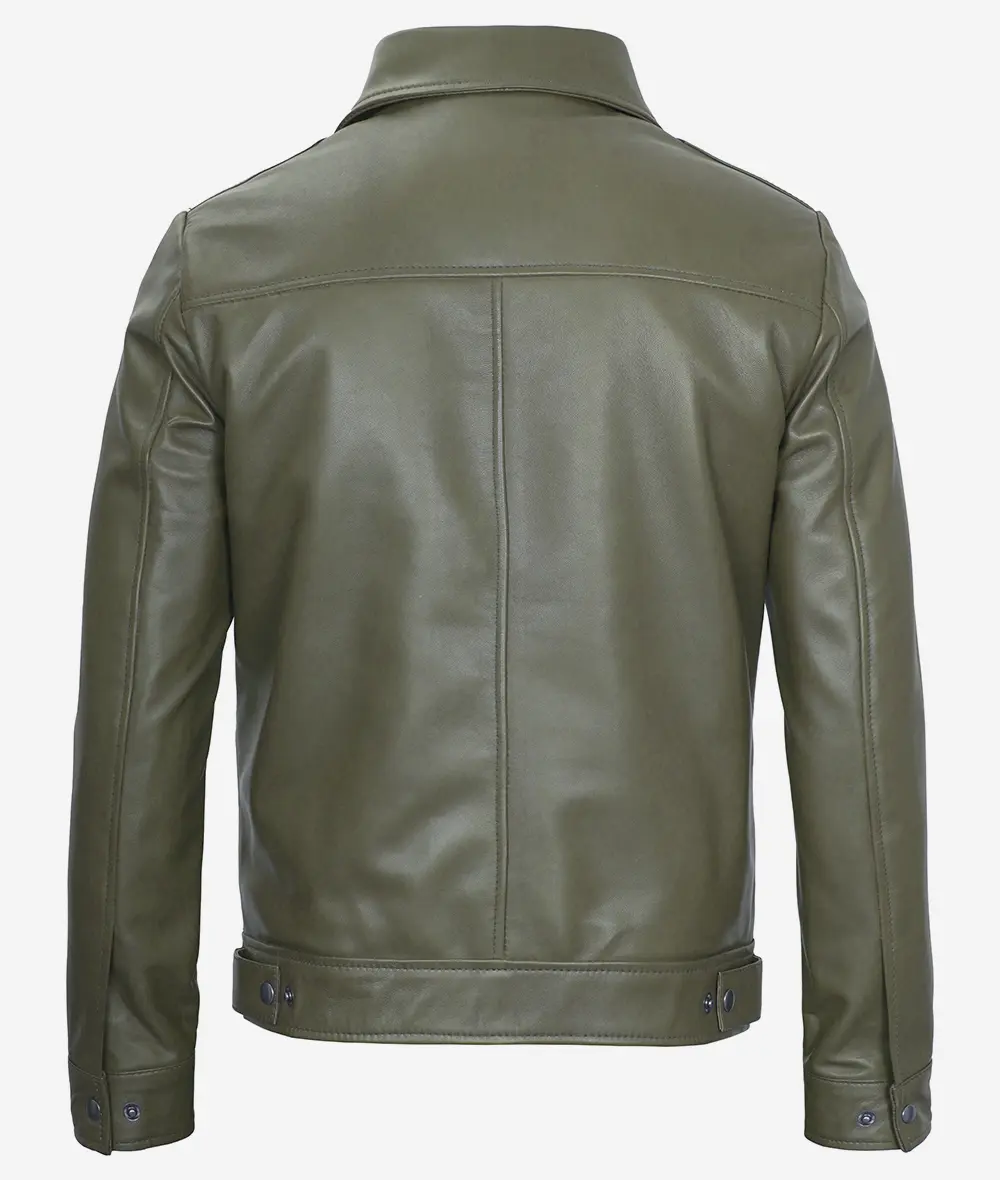 Men's Classic Shirt Collar Military Green Leather Jacket