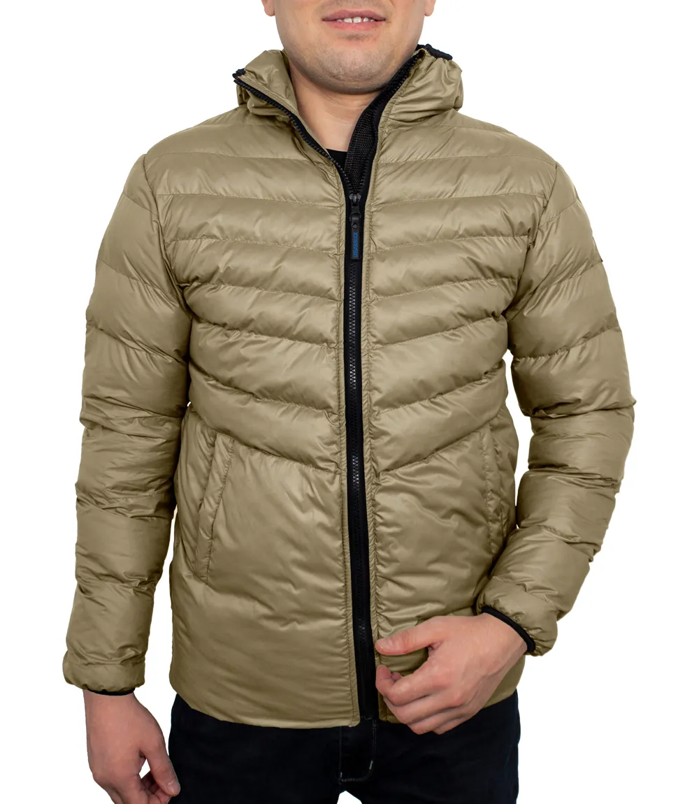 Mens Beige Puffer Jacket with Hood