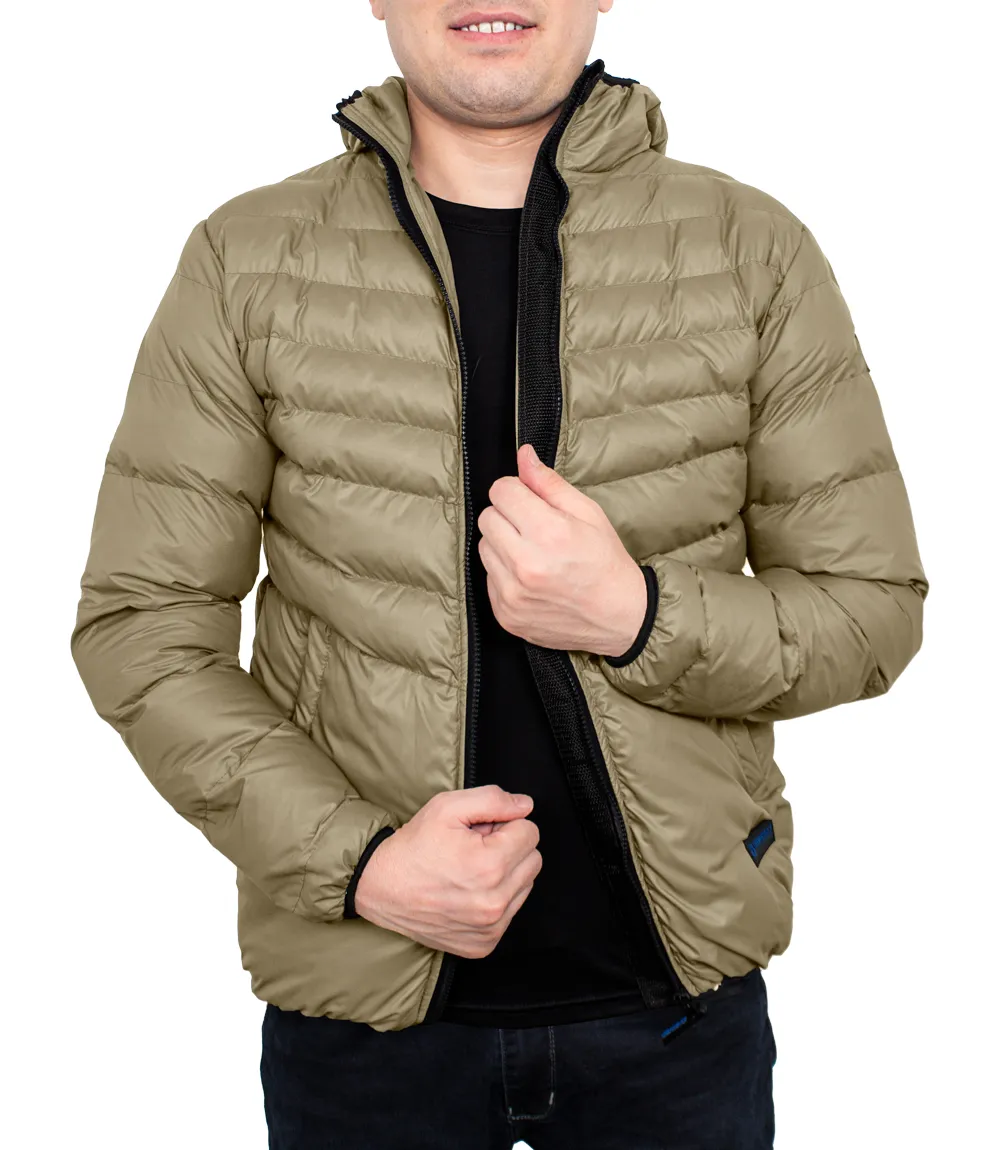 Mens Beige Puffer Jacket with Hood