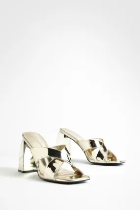 Metallic Crossover Strap Heeled Mules