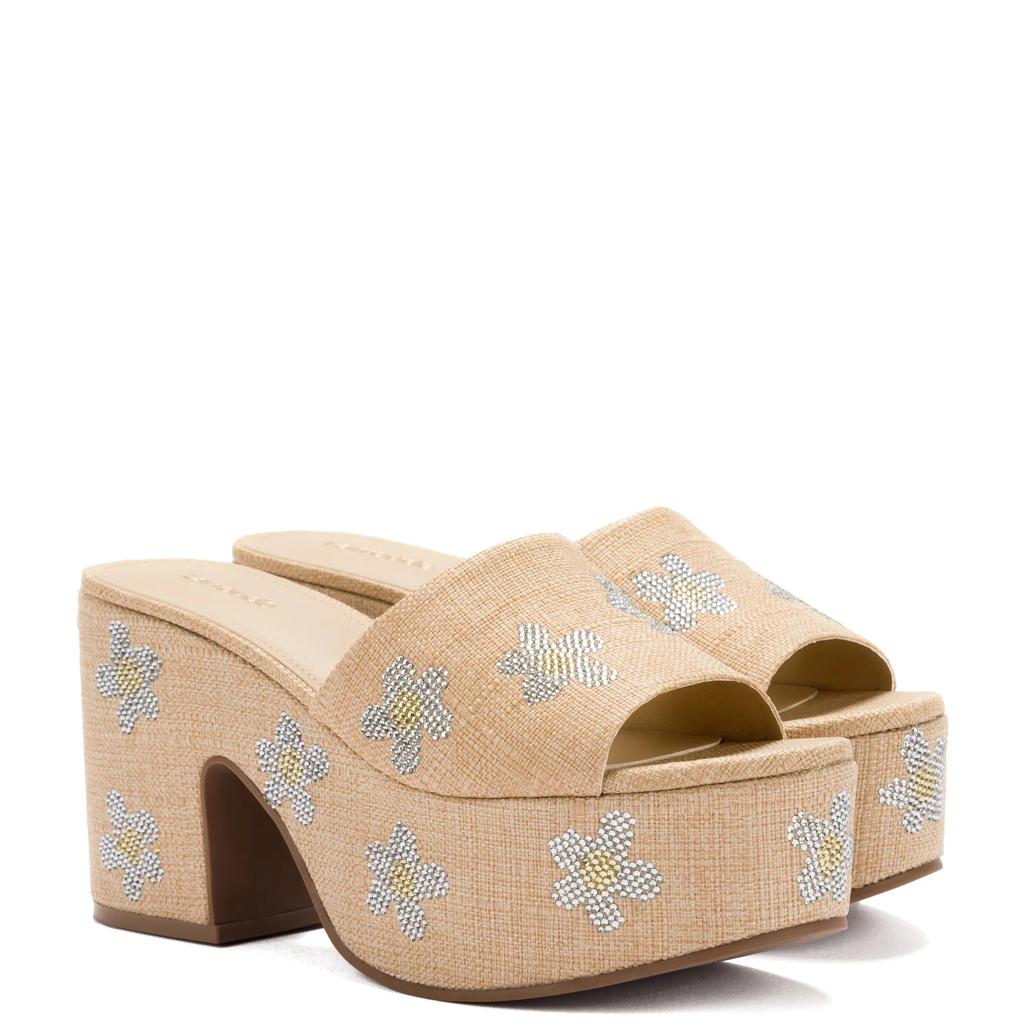 Beige Raffia Platform Sandal with Floral Crystals - Miso