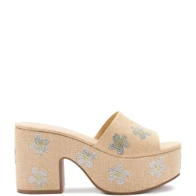 Beige Raffia Platform Sandal with Floral Crystals - Miso