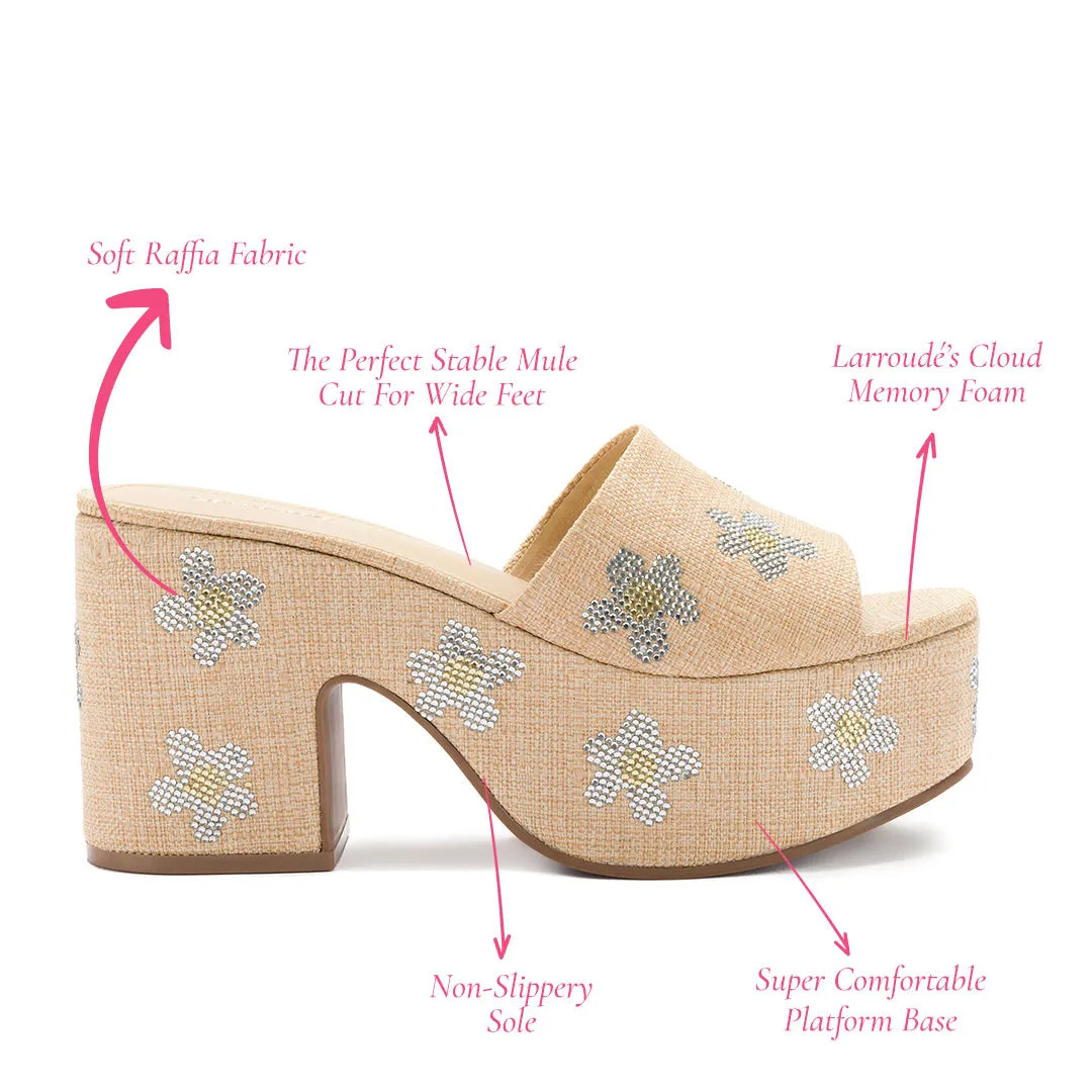 Beige Raffia Platform Sandal with Floral Crystals - Miso