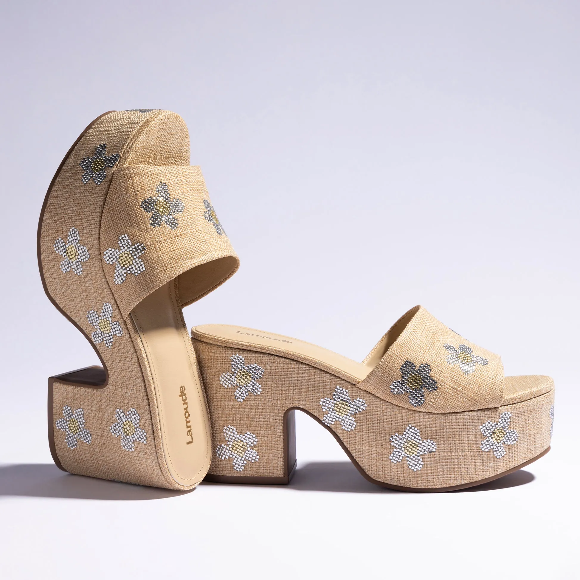 Beige Raffia Platform Sandal with Floral Crystals - Miso