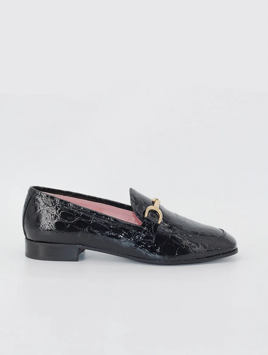 Black patent leather Giverny loafers.