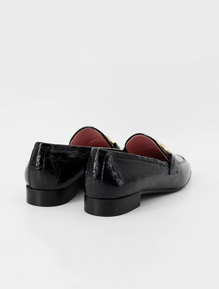 Black patent leather Giverny loafers.