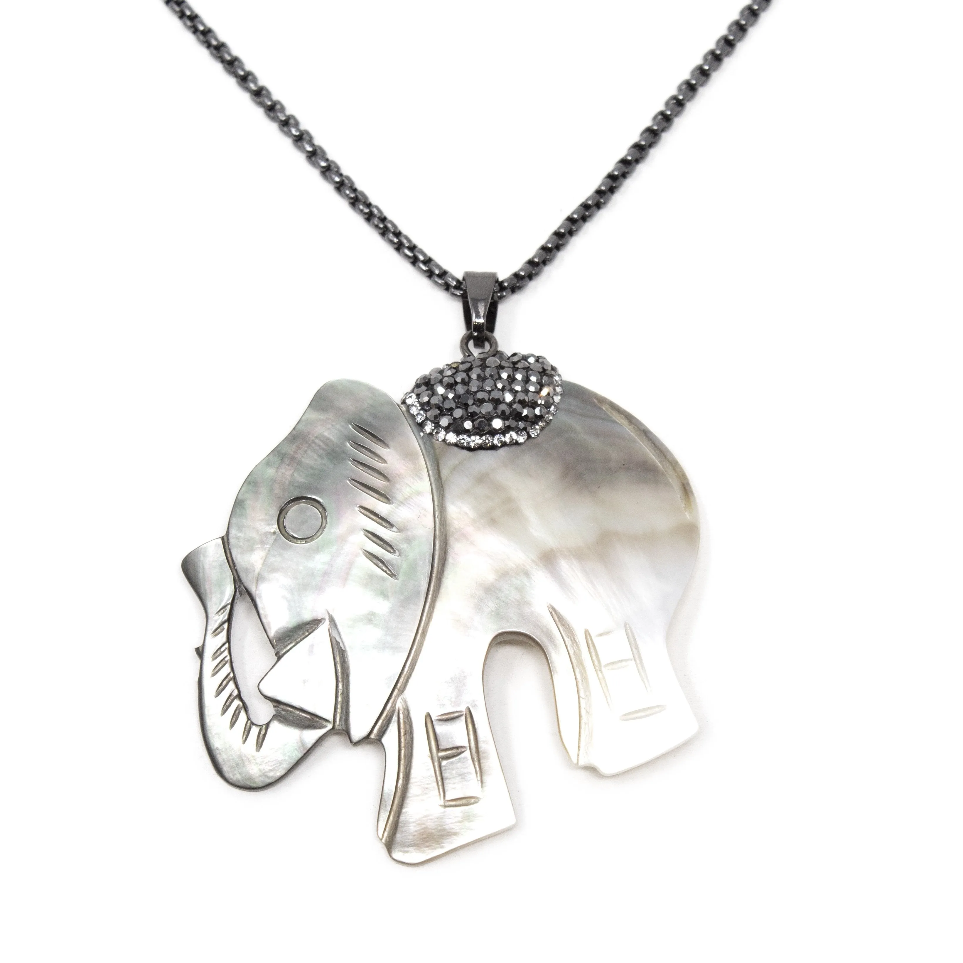 Mother of Pearl Elephant Pendant Necklace with Crystal Pave.