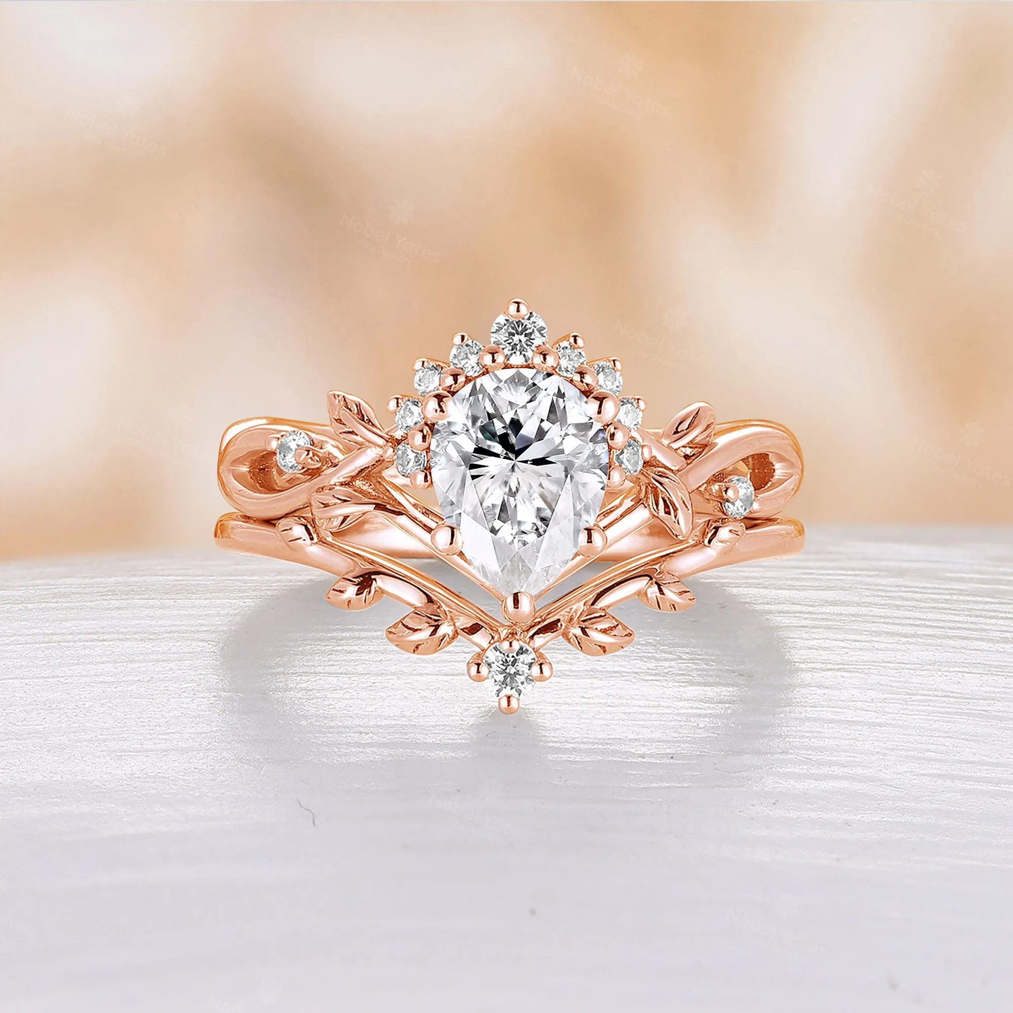 Moss Aagte Nature Inspired Pear Cut Engagement Ring Set Leaf Design Rose Gold