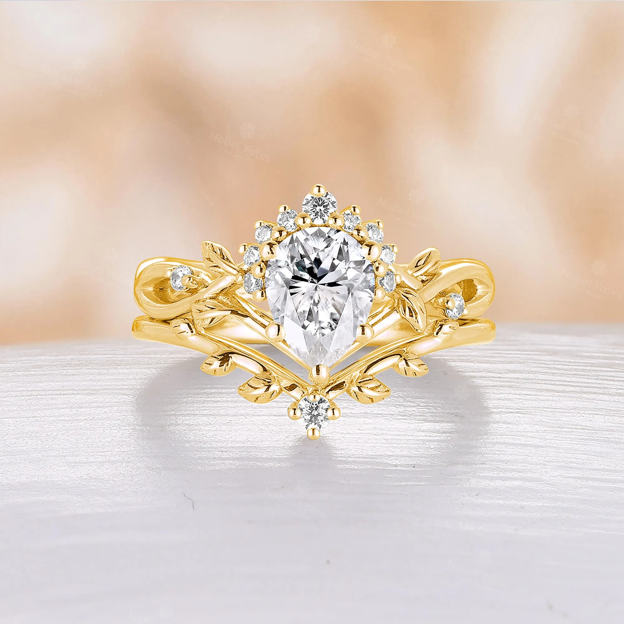 Moss Aagte Nature Inspired Pear Cut Engagement Ring Set Leaf Design Rose Gold