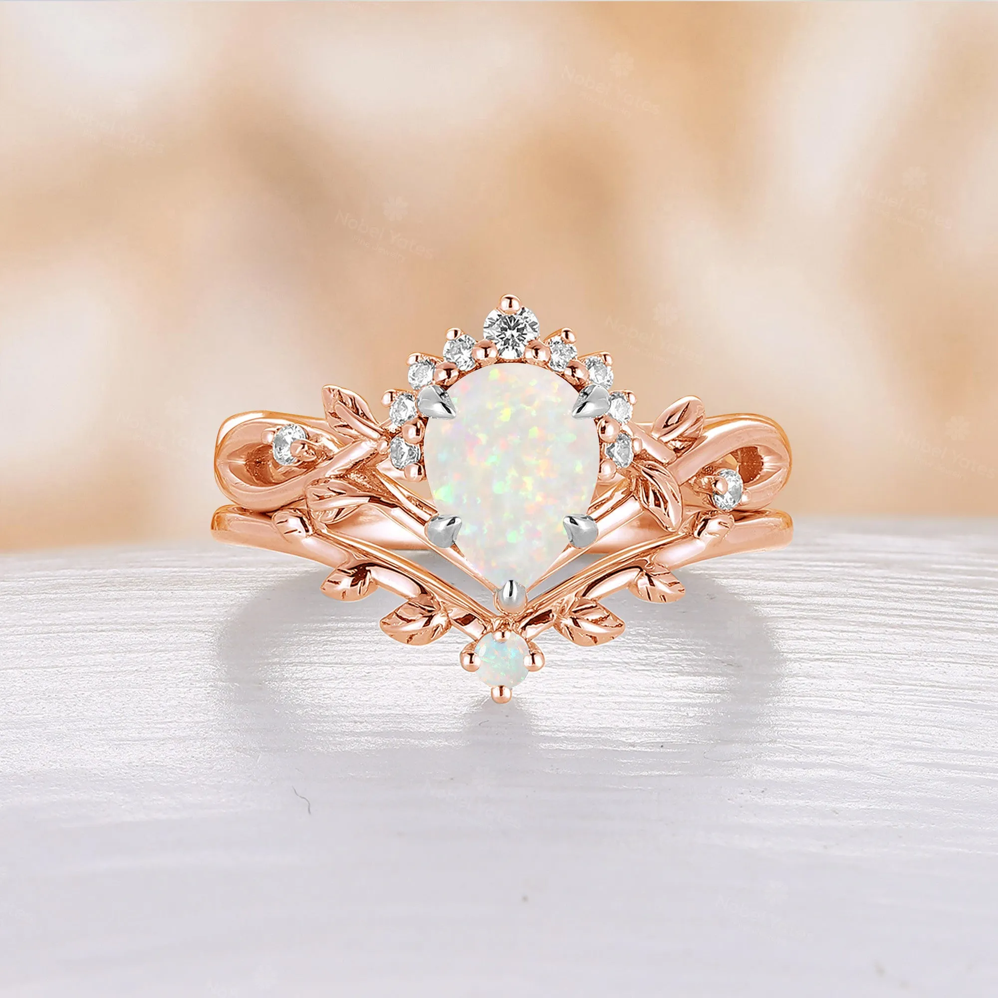 Moss Aagte Nature Inspired Pear Cut Engagement Ring Set Leaf Design Rose Gold