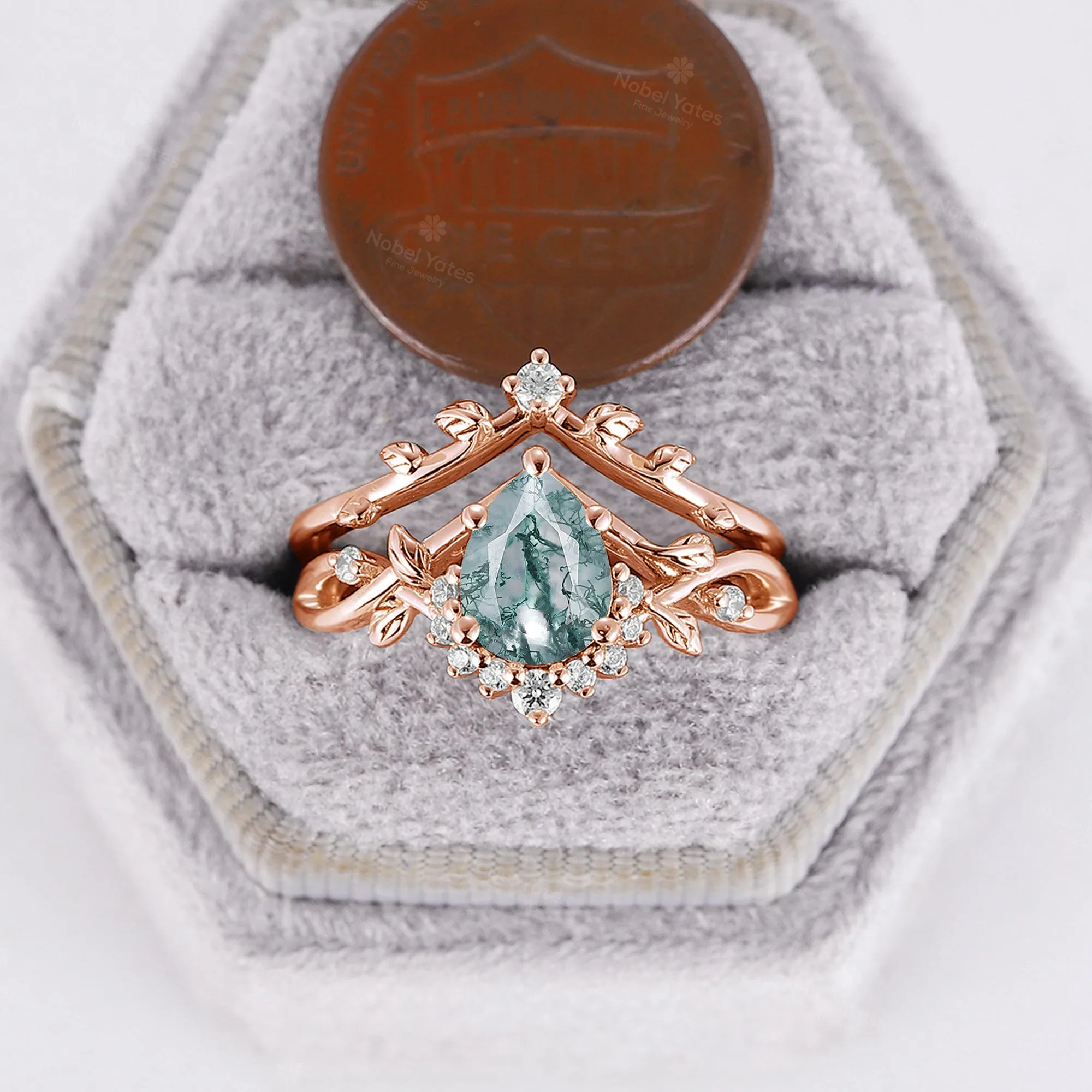 Moss Aagte Nature Inspired Pear Cut Engagement Ring Set Leaf Design Rose Gold