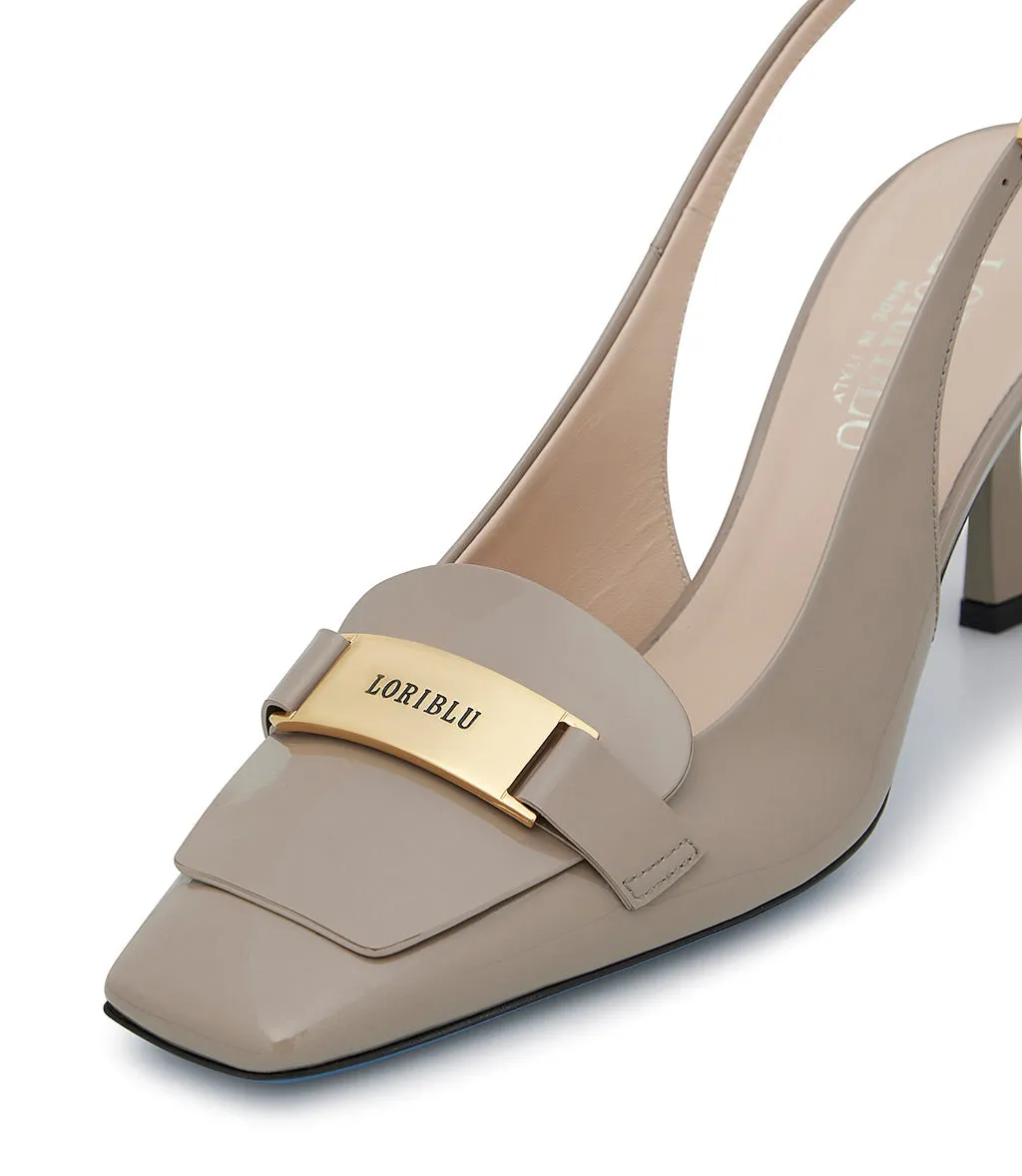 Mud-tone patent leather slingback pumps with logo plaque