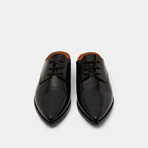 Mules with laces in black glazed leather