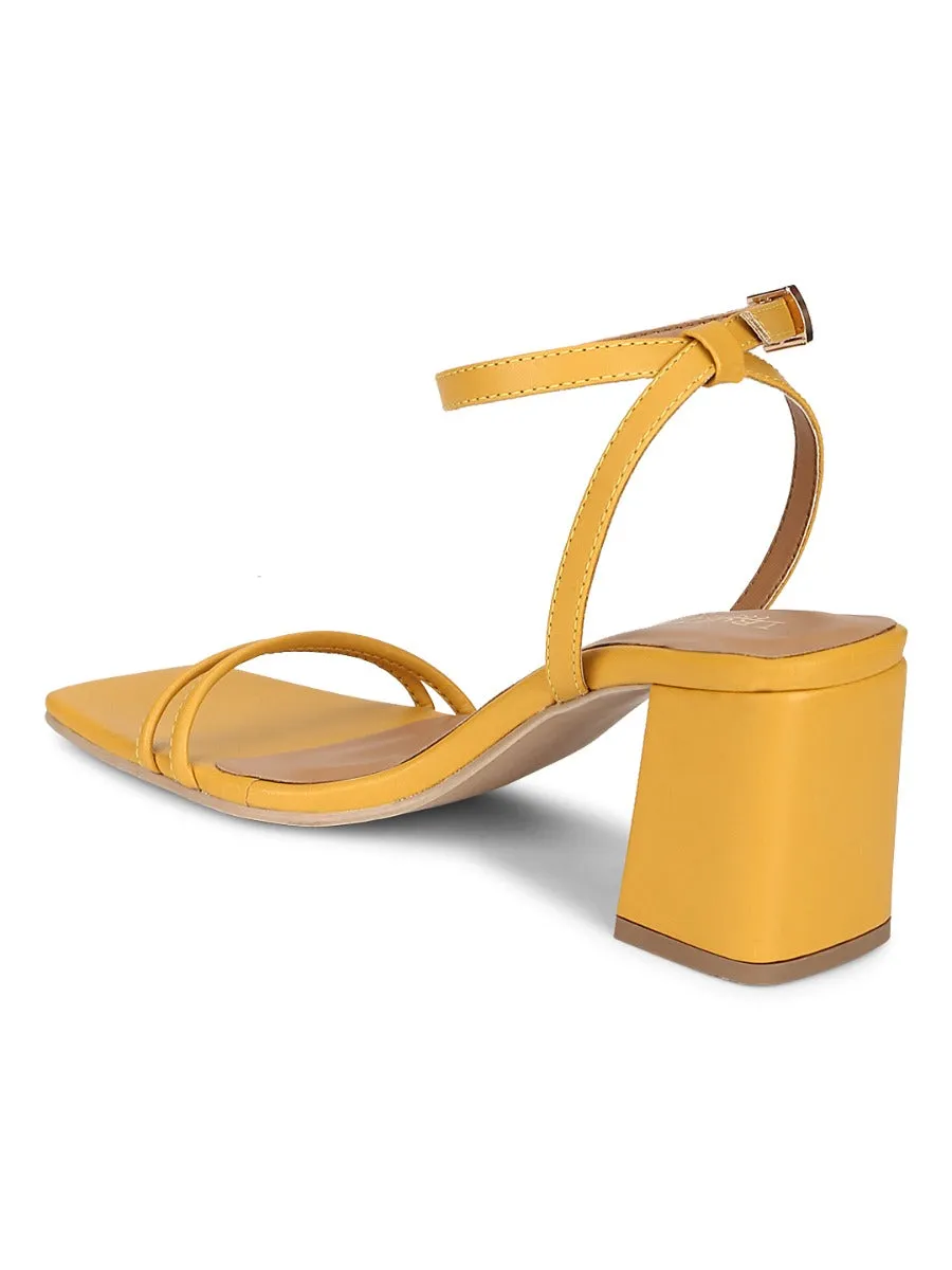 Mustard PU Double Strap Block Heels