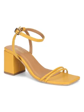 Mustard PU Double Strap Block Heels