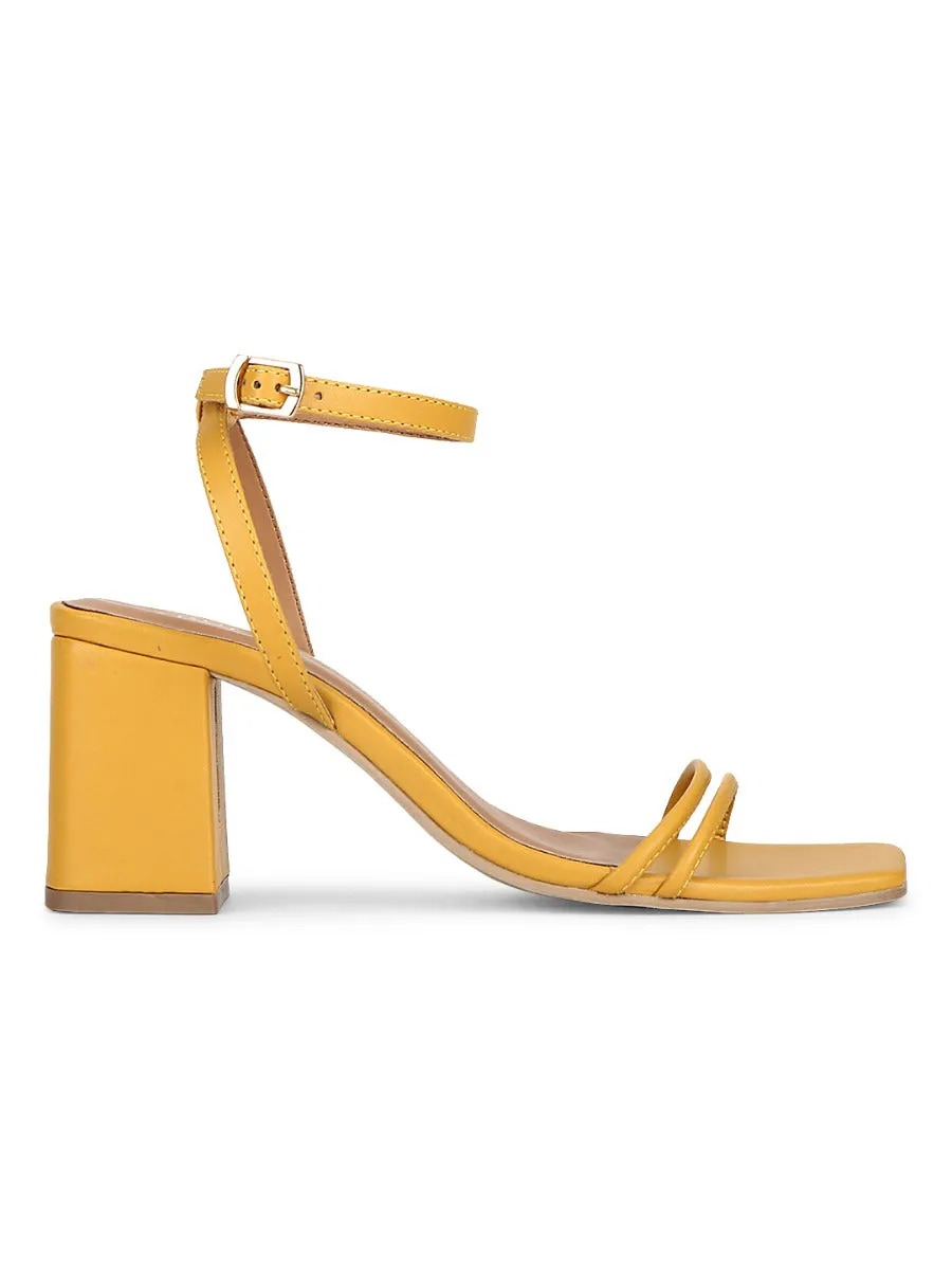 Mustard PU Double Strap Block Heels