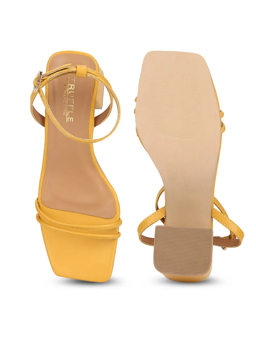 Mustard PU Double Strap Block Heels