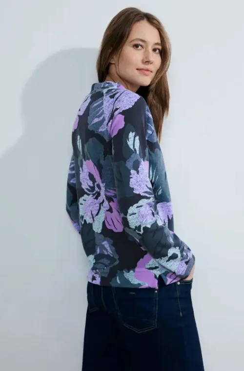 Navy Purple Floral High Neck Pullover - Cecil