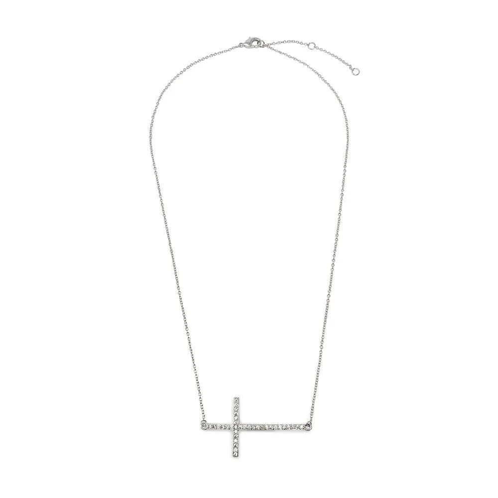 Horizontal Cross Rhodium Plated Necklace