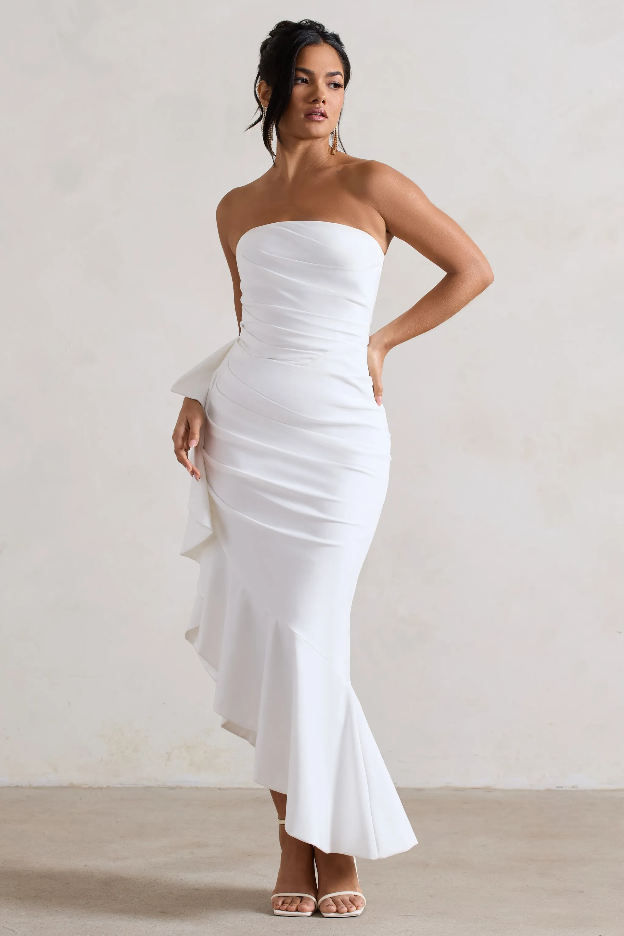 New Age White Ruffled Maxi Dress with Strapless Asymmetry