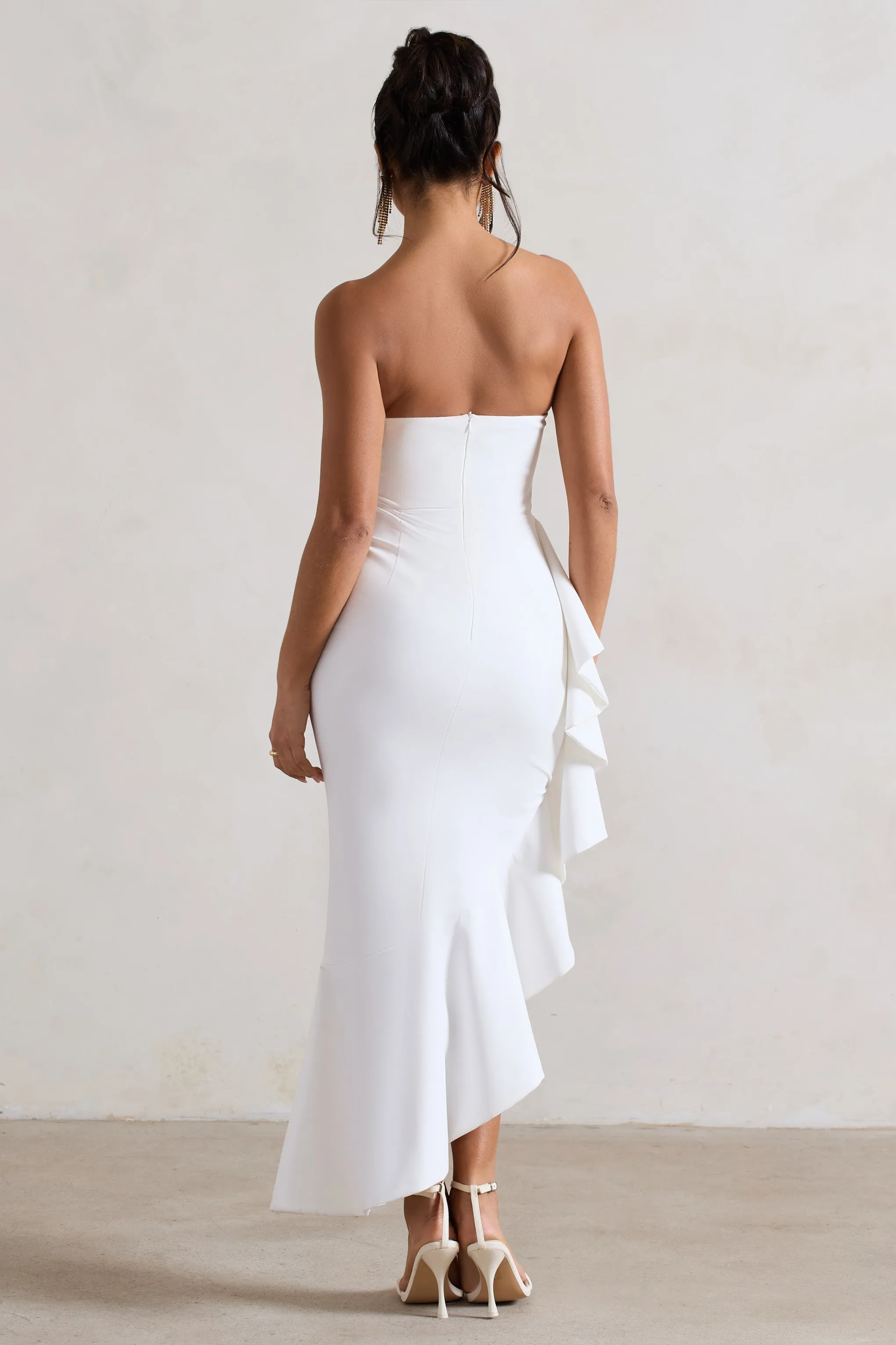 New Age White Ruffled Maxi Dress with Strapless Asymmetry