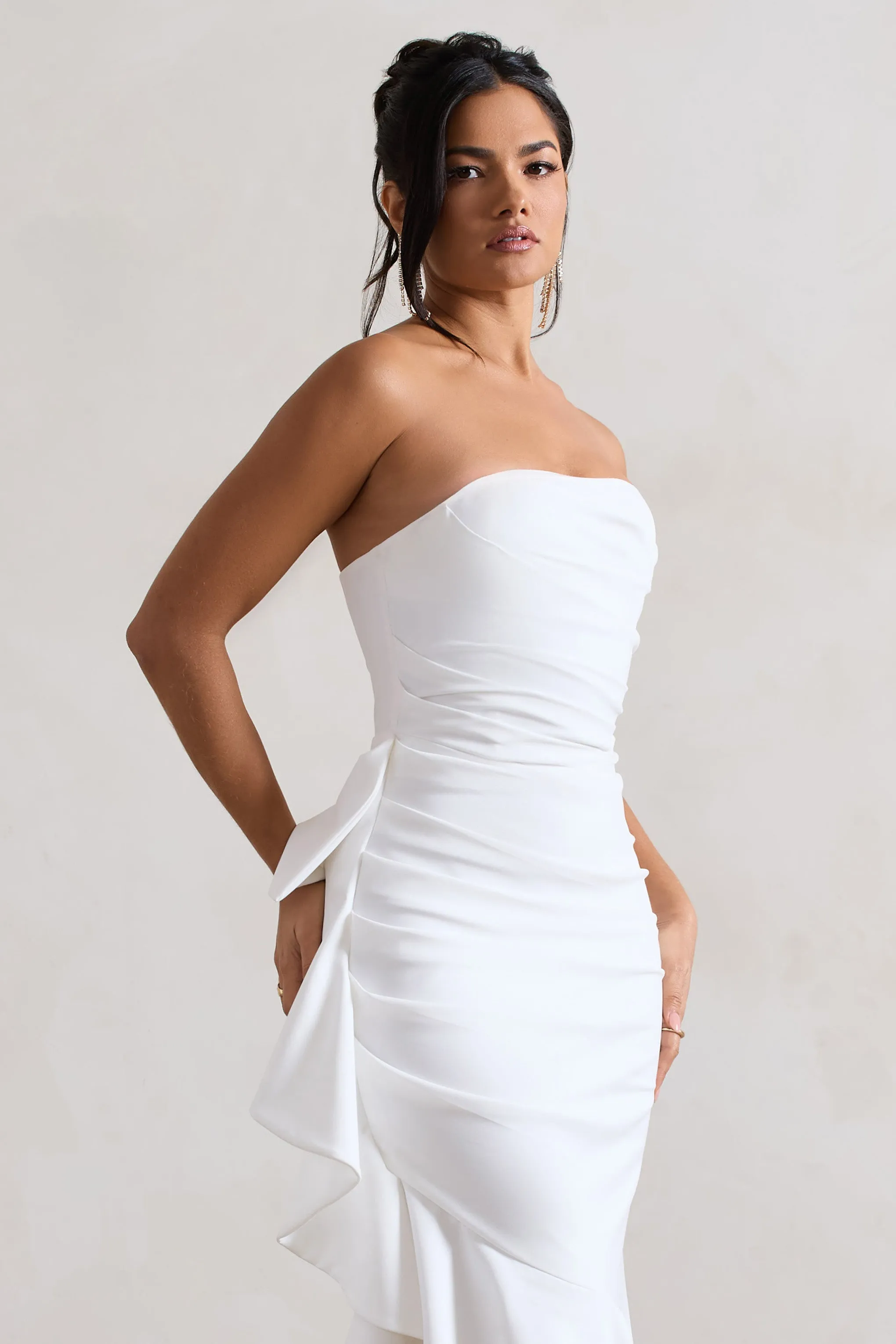 New Age White Ruffled Maxi Dress with Strapless Asymmetry