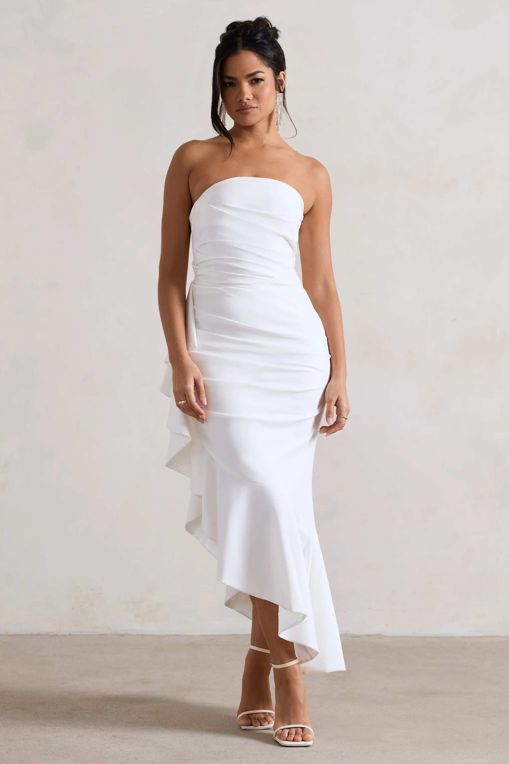 New Age White Ruffled Maxi Dress with Strapless Asymmetry