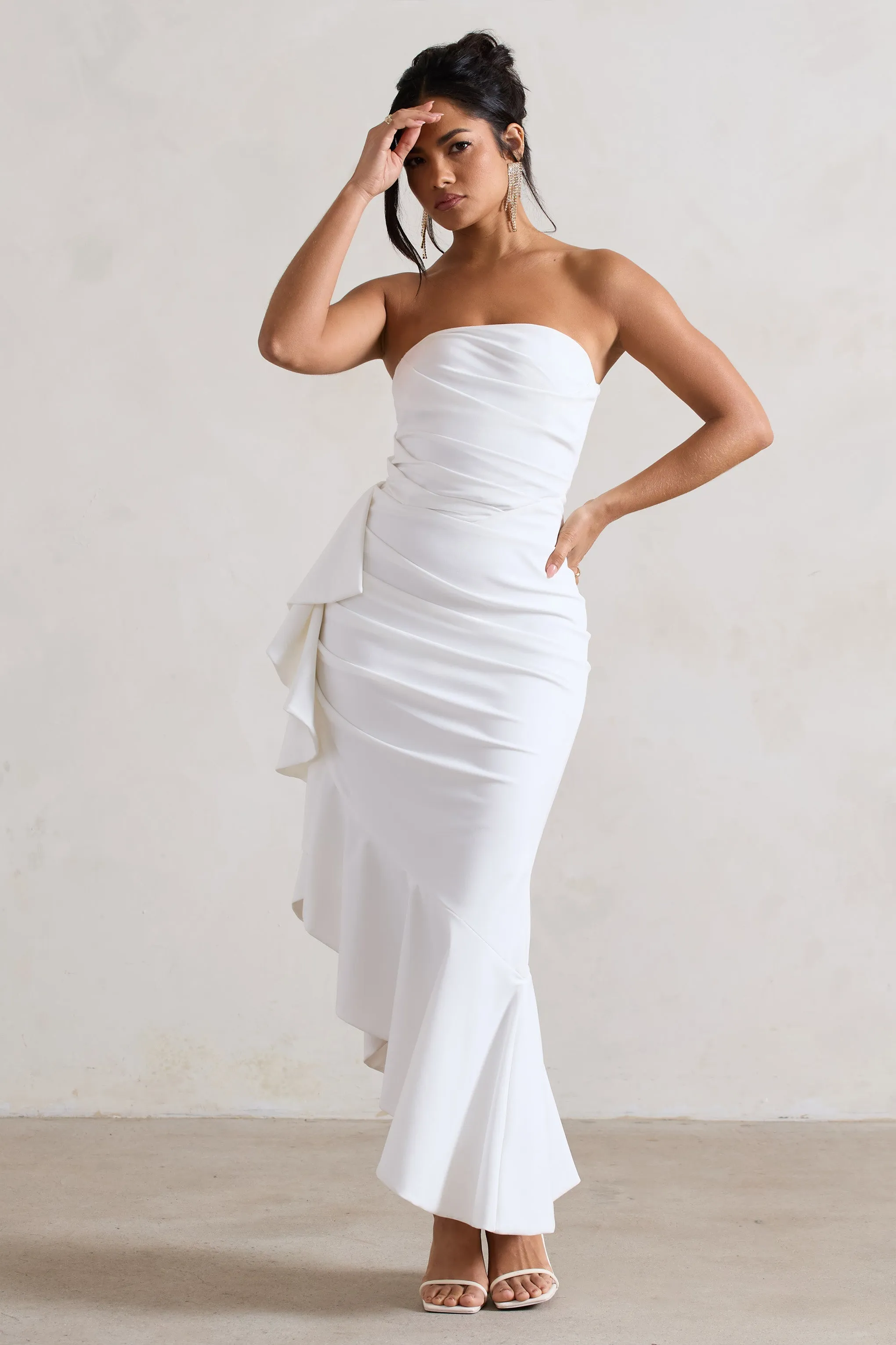 New Age White Ruffled Maxi Dress with Strapless Asymmetry