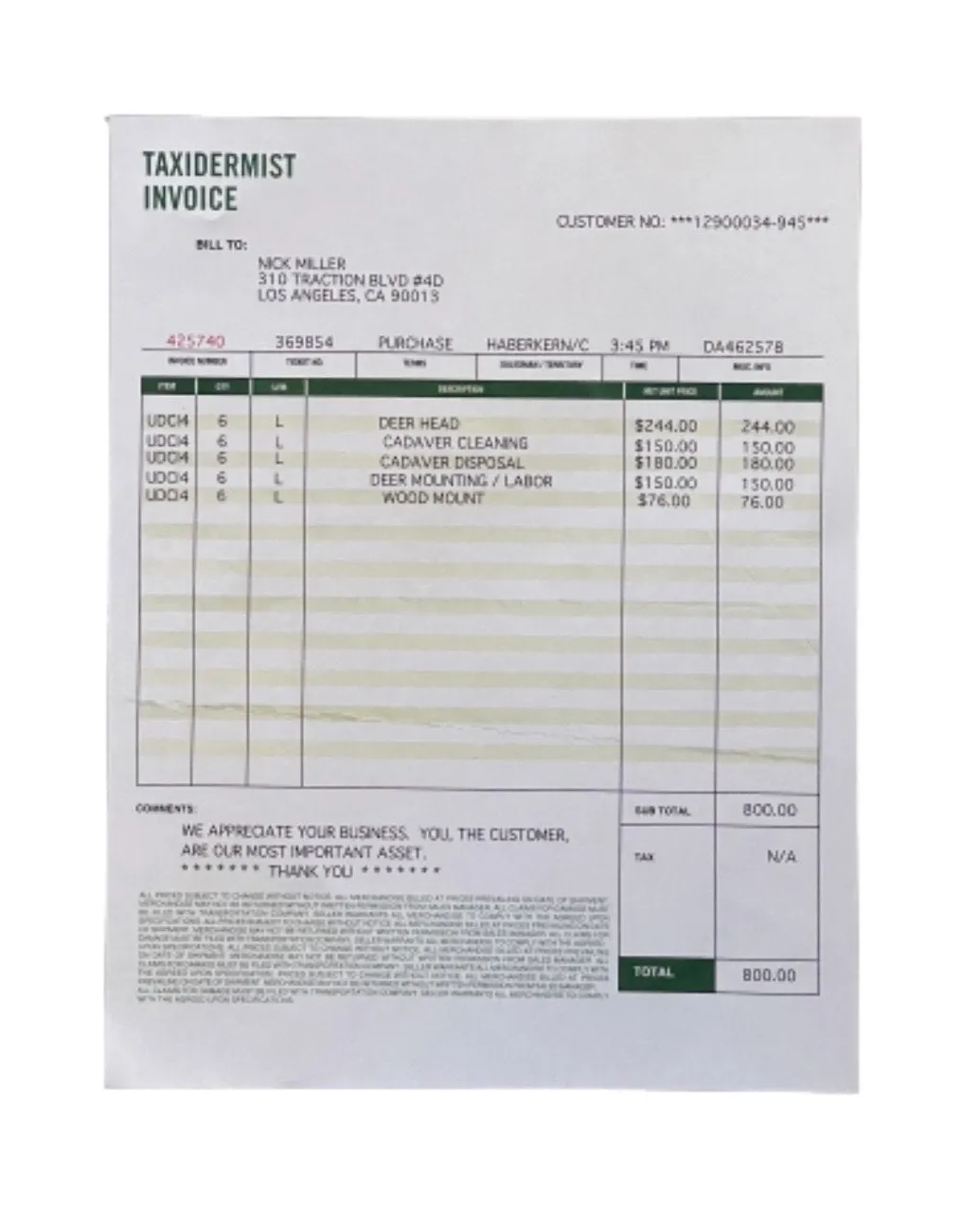 NEW GIRL: Nick Miller's Taxidermist Invoice