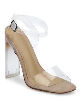 Nude Clear Ankle Strap Slim Block Heels