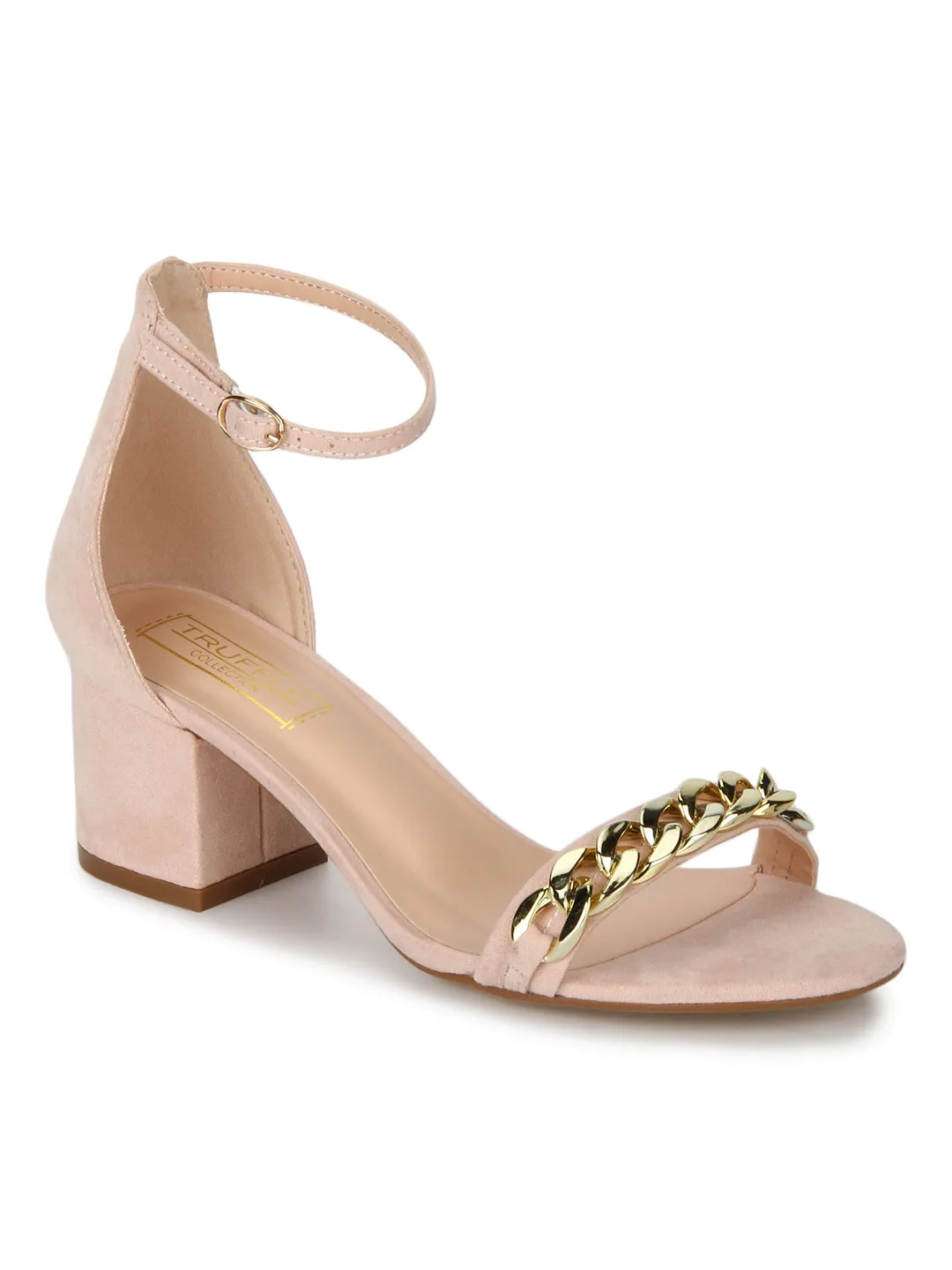 Nude Micro Chain Ankle Strap Low Block Heels