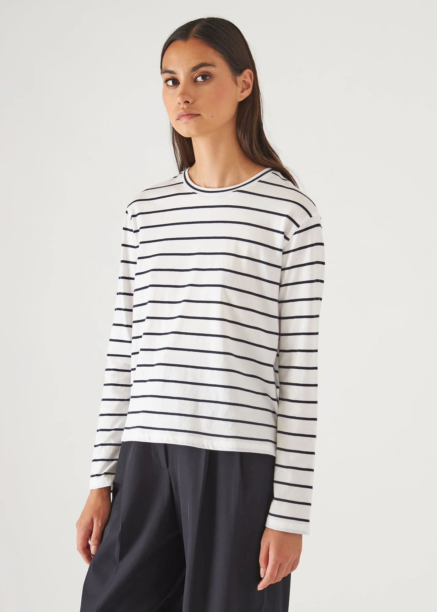 organic pima cotton boyfriend striped long sleeve crew