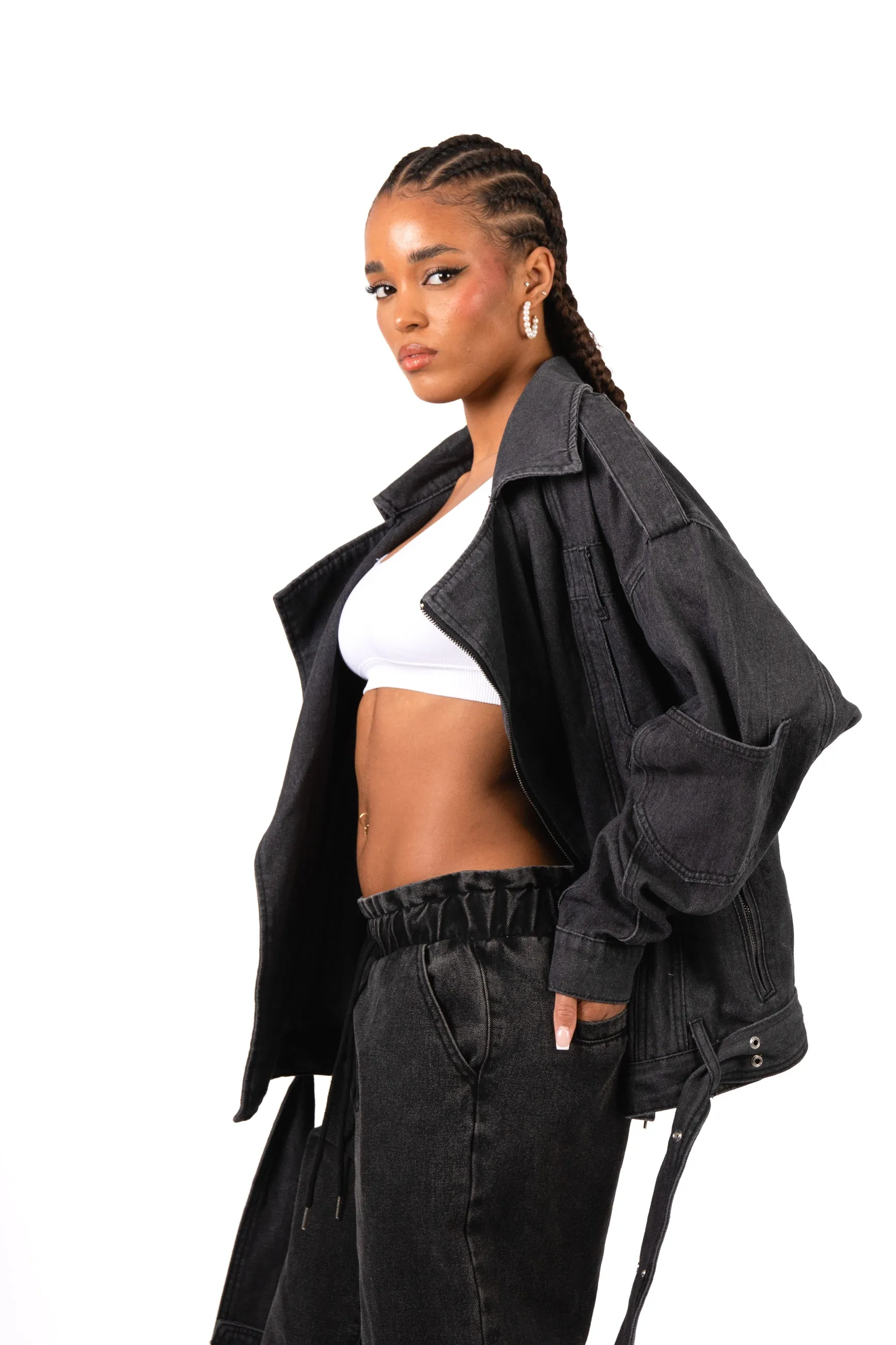 Oversized Black Denim Biker Jacket