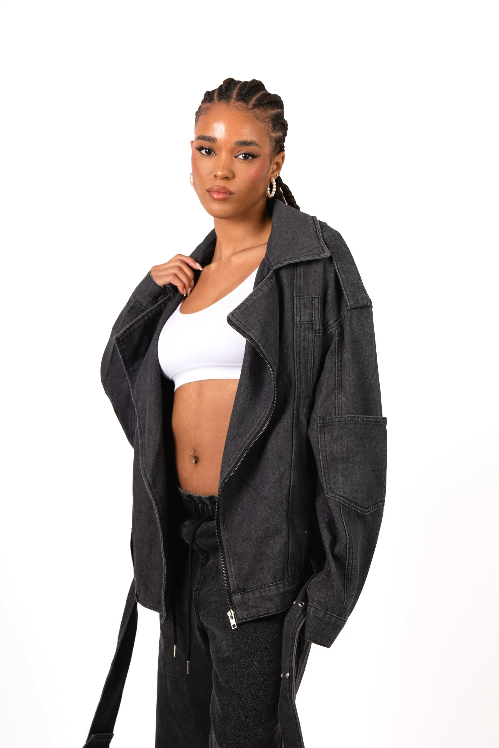 Oversized Black Denim Biker Jacket