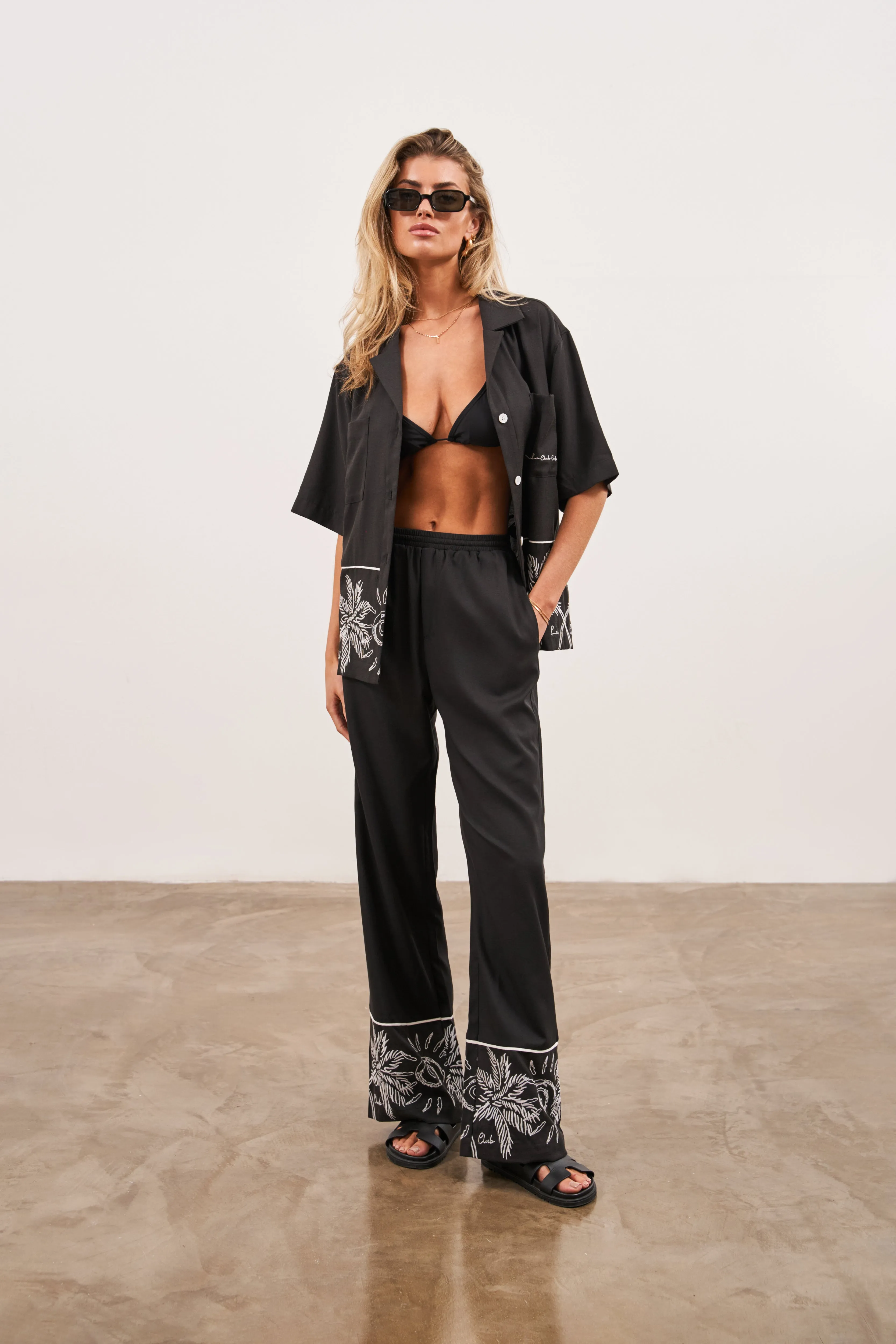 PALM EMBROIDERY WIDE LEG TROUSERS - BLACK