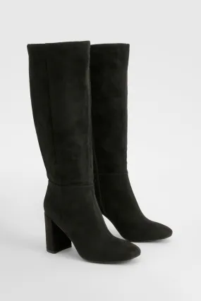 Panel Detail Heeled Block Heeled Knee High Boots