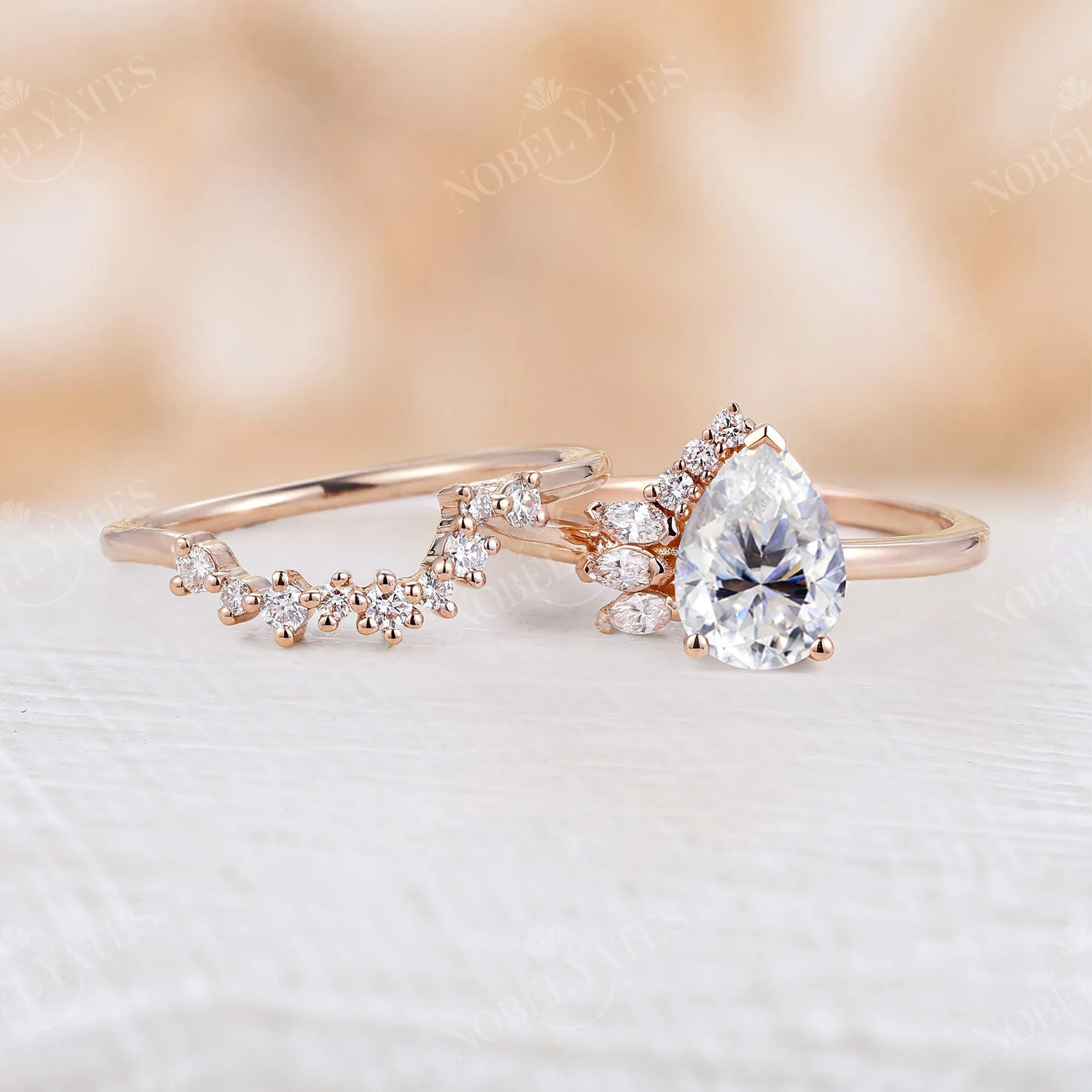 Pear Moissanite Cluster Diamond&Moissanite Bridal Set