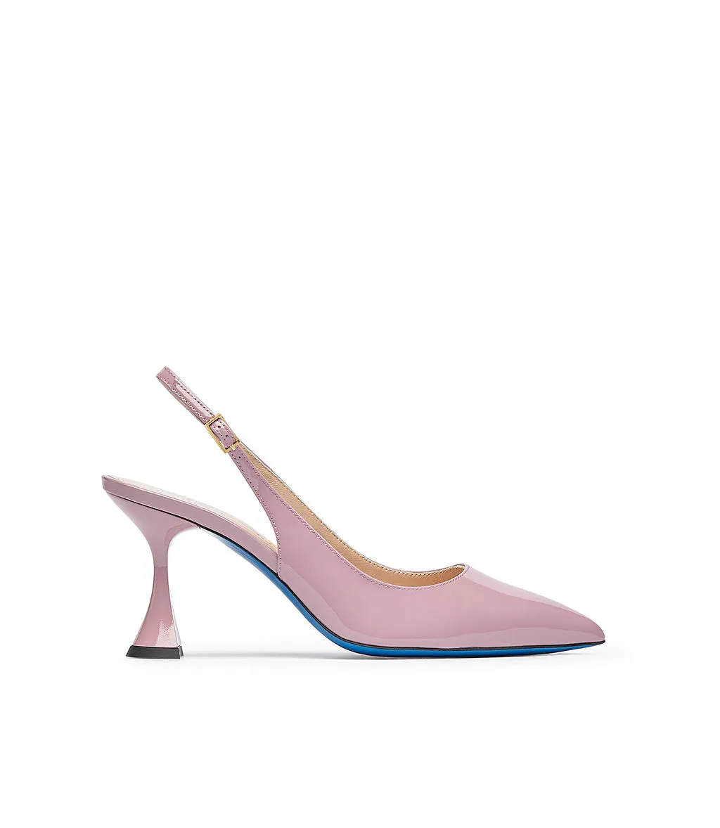 Pink patent leather slingback heels.