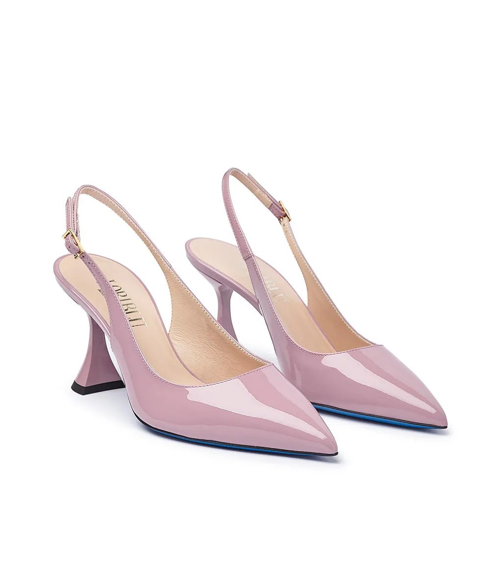 Pink patent leather slingback heels.