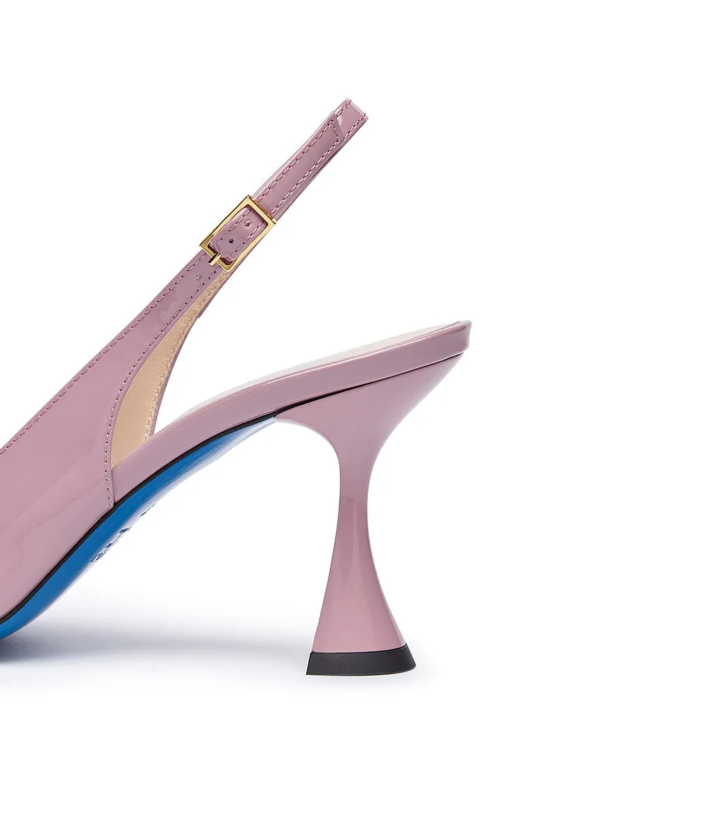 Pink patent leather slingback heels.