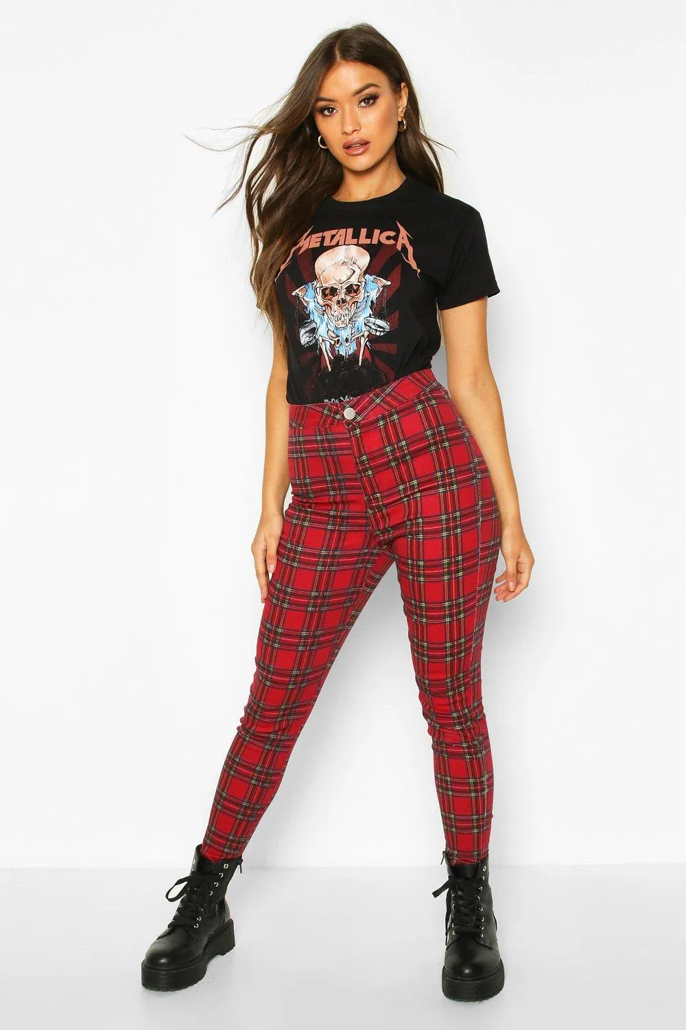 Plaid Check Skinny Jeans