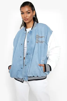 Pu Sleeve Oversized Denim Varsity Jacket