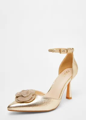 Quiz Gold Foil Diamante Corsage Court Heels